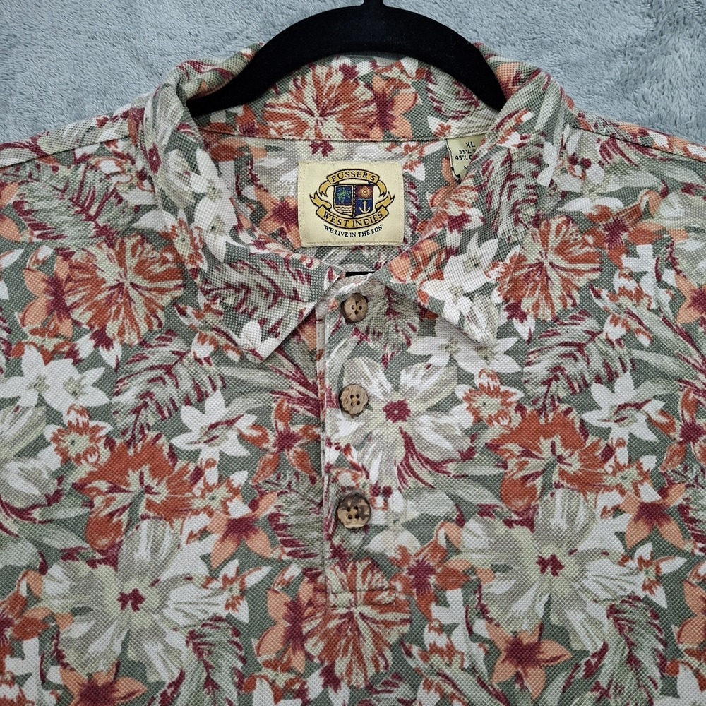 Vintage Pusser's West Indies Polo Mens XL Short Sleeve Silk Cotton Floral Hawaii